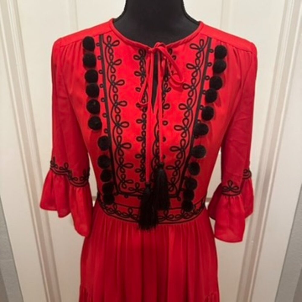 Kate Spade Red and Black Crepe Pom-Pom Embroidered Dress - Size 0
